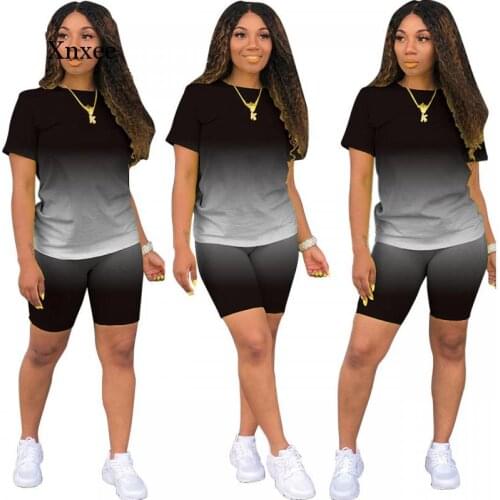 Women Matching Set Gradient Print T-Shirt Tops Knee Length Shorts Jogger Pant Suit Two Piece Set Sport Tracksuit Outfit Clothing