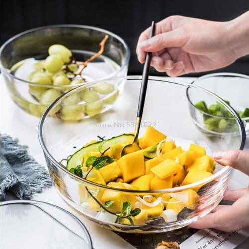 Nordic Style Creative Transparent Fruit Salad Glass Bowl Household Dessert Bowl Dinner Deep Plate Dishes Kitchen Supplies Round