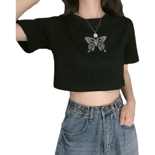 Diamonds Crop Top Women T-shirt Butterfly Black Sexy Kawaii Tee Shirt Femme Summer Clothes Harajuku Korean Fashion Woman
