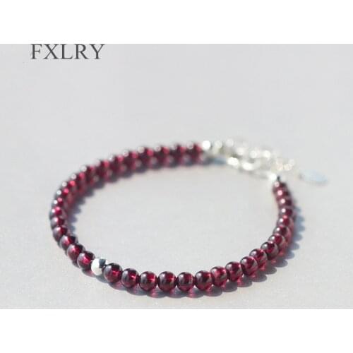 FXLRY Hot Selling Silver Color Jewelry Round Natural Red Garnet Stone & Lucky Ball bead charms Bracelet For gril to gift