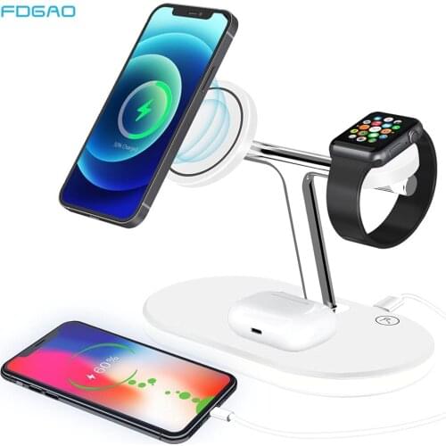 4 in 1 Magnetic Wireless Charger Stand For iPhone 12 Mini Pro Max Apple Watch 6 5 15W Fast Charging Dock Station For Airpods Pro