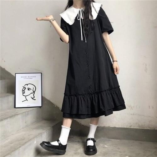 Cute Short Sleeve Black Midi Dress Sweet Lace Ruffle Collar Student Summer Dresses Girly Vestidos Kawaii Single Breasted Dress
