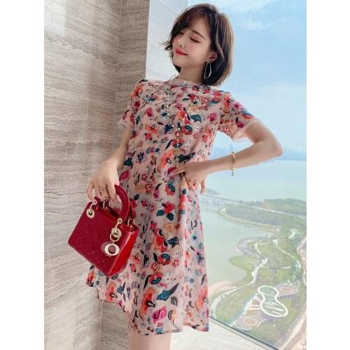 Trendy Chinese-Style Silk Stand Collar Frog Vintage Printed Stitching Mesh Dress Womens Fashion Summer New