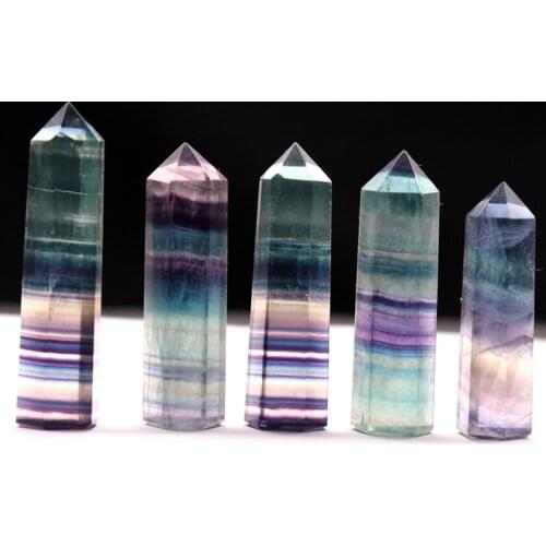 Natural Fluorite Crystal Colorful Striped Fluorite Quartz Mineral Stone Point Hexagonal Wand Treatment Healing Stone Home Decor