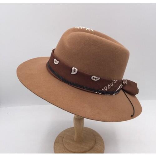 New winter wool khaki fedora for men and women hand-embroidered Wide-brim hats European and American