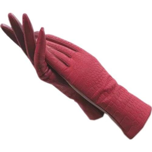 Leather gloves 2020 new style wine red sheepskin crocodile pattern ladies leather fashion winter gloves warm free shipping drivi