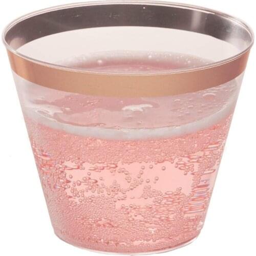 Rose Gold Plastic Cups, 9 Oz Heavy Duty Reusable Disposable Rose Gold Rim Clear Plastic Cups, Old Fashioned Tumblers-50pack