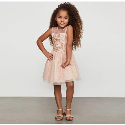 Yatheen Little Girls Party Dress 4T-6X Fit-and-Flare Embellished With Metallic Floral Embroidery Kids Dresses For Girls