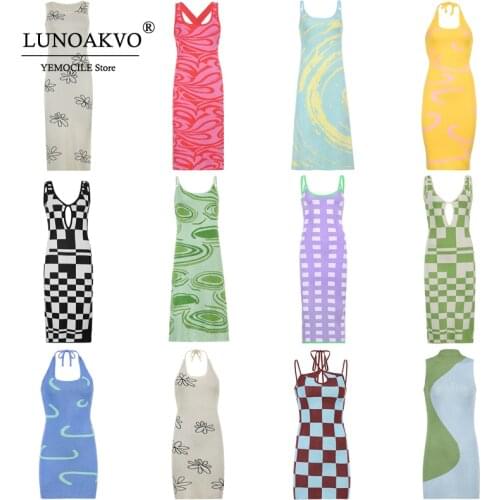 2021 Print Knit Bodycon Dress Women Green Y2K Summer Hollow Out Sexy Sleeveless Spaghetti Strap Beach Midi Dresses Party