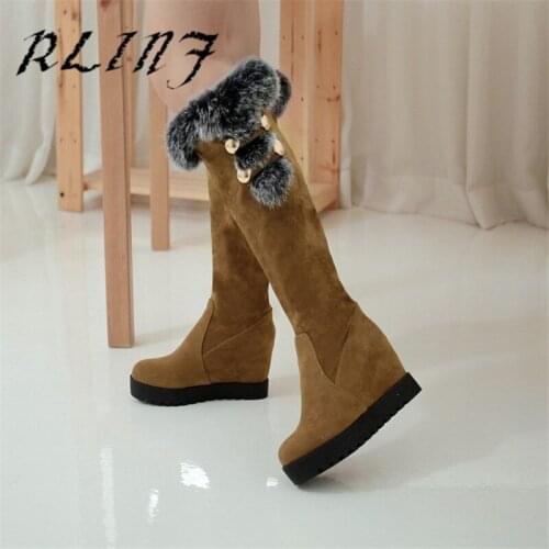 RLINF New Warm Snow Flat Bottom Increased Thick Bottom Wedge with Knee High Heel Womens Boots