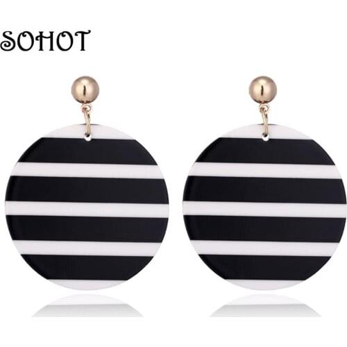 SOHOT OL Style Acrylic Round Pendant Trendy Drop Earrings Simple Black White Red Stripe For Japan And South Korea Jewelry Gift