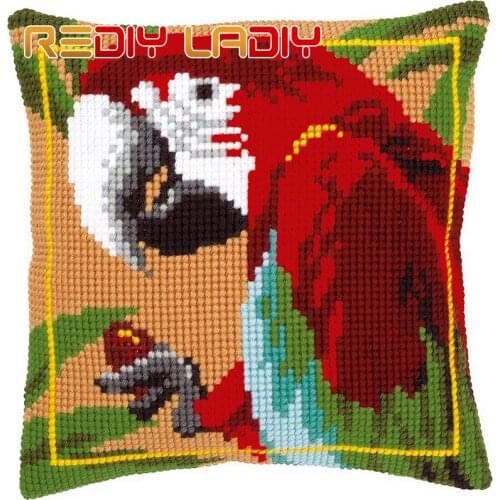 Cross Stitch Cushion Macaw Family Make Your Own Pillow DIY Chunky Cross Stitch Kit Pre-Printed Canvas Acrylic Yarn Pillow Case