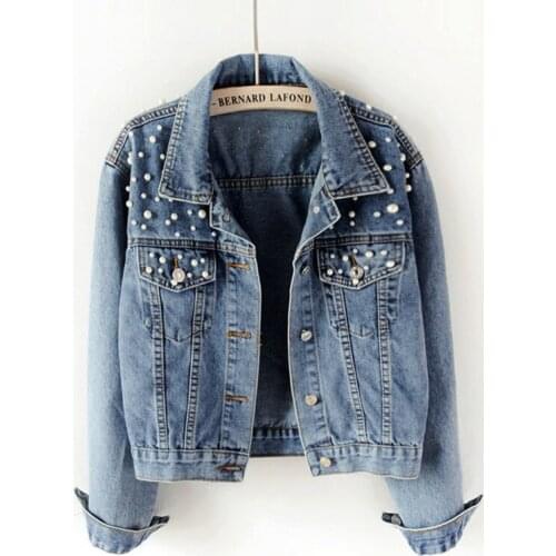 Spring And Autumn Womens Denim Jacket Large Size Pearl Decoration Single-breasted Loose Coat