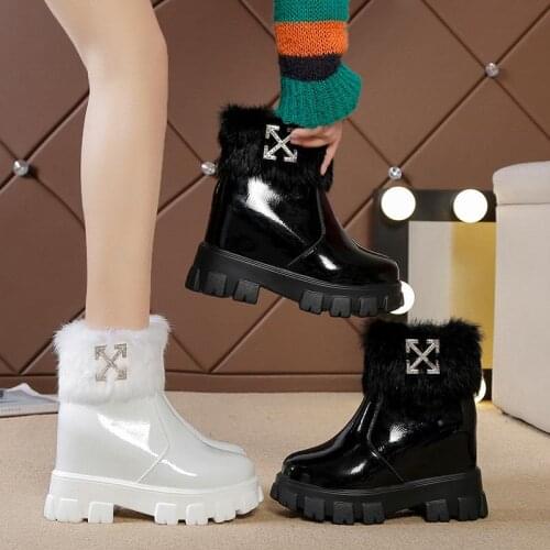 Woman Snow Boots Winter Fur Middle Boots Solid Tied Plush Warm Rhinestone Shoes Girl White Black Wedges Boots Big Size 34-40