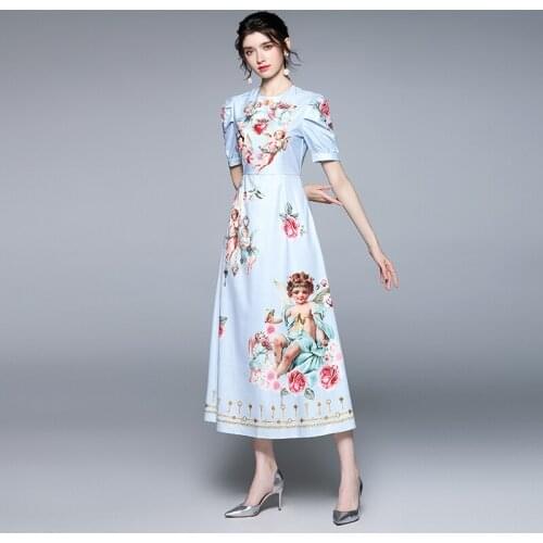 Summer Runway Long Maxi Dress Womens O-Neck Short Sleeve Heart Angel Floral Print Dress Female Causal Vestidos k6828