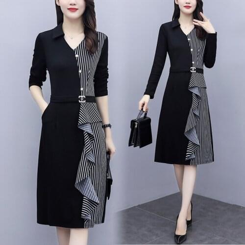 Womens Stripe Patchwork Fashion Dress Long Sleeve 2021 Autumn Party Loose Slim Casual Office Ladies Work Wear Dresses Clothes