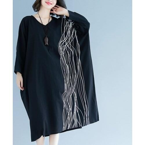 2021 New Arrival Oversized Loose Autumn Dress Thin Soft Cotton Linen Print streak Vneck Holiday Women Travel Casual Spring Dress