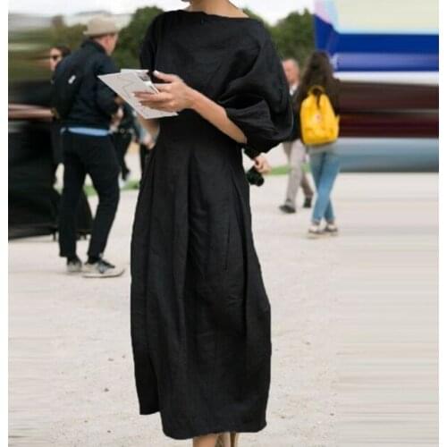 2021 Vintage Cotton Linen Pleated Dress Elegant Women Lantern Sleeve Party Dress Ladies Solid O Neck Maxi Long Dress Vestido