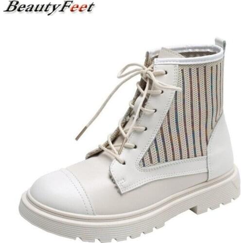 Winter Knitting Ankle Boots Solid Motorcycle Boots Lace up New Autumn Plus Size Thick Bottom Square Low Heels Platform Boots