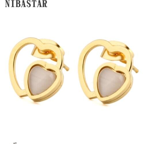Gold-Color 316L Stainless steel Double Heart Jewelry Opal Earrings for womens,ladys,grrils