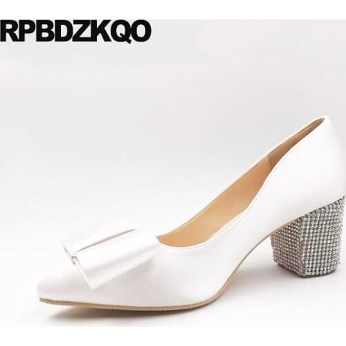 13 45 Pumps White Pointed Toe Ivory Bridal Shoes Thick Silk Satin Rhinestone Bow Plus Size Women Dress High Heels 12 44 Wedding
