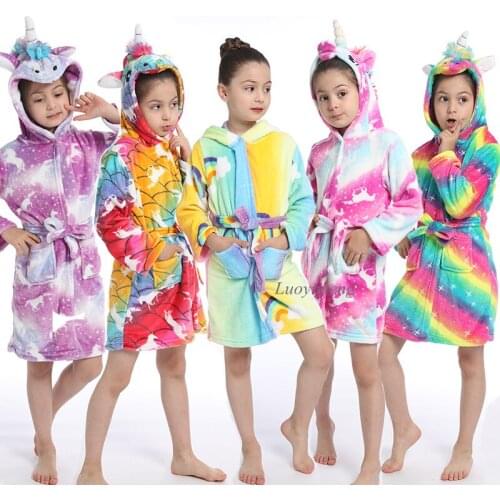 Toddler Kid Boys Girls Flannel Hooded Bathrobes Unicorn Kids Rainbow Bath Robe Nightgown Pajamas Sleepwear Children Home Clothes