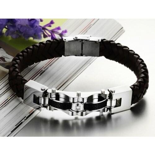 Free shipping!Top Quality 48g Fashion jewelry genuine leather Stainless Steel Mens 12mm Bracelet