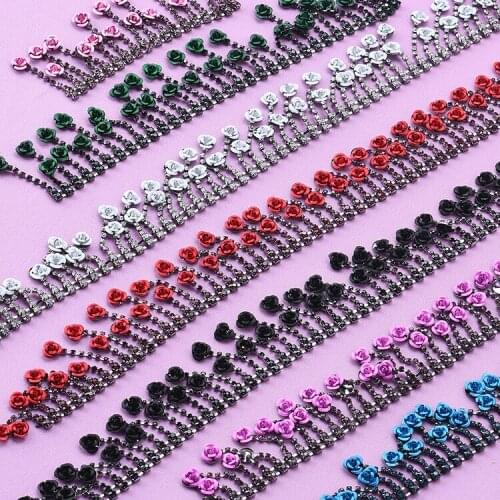 Crystal Rhinestones Chain Black Base Flower DIY Wedding Dress Accessories Rhinestone Applique Chain