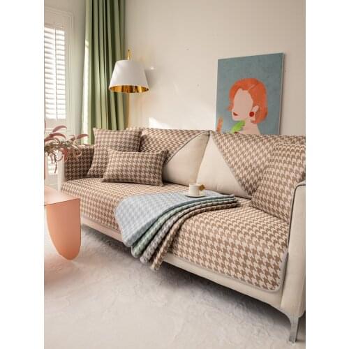 Houndstooth Soft Ice Silk Sofa Cover Summer Universal Anti-Slip Corner Sofa Mat Towel Slipcovers Cushion For Living Room