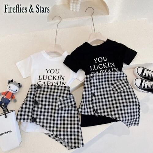 Summer Girls 2 Pcs Set Long T Shirt + Irregular Skirt Kids Suit Children Streetwear Clothes Check Letter Print Cotton 2 To 7 Yrs