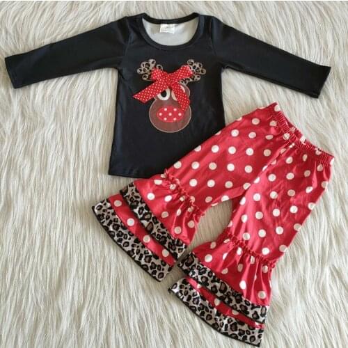 Baby Christmas Reindeer Outfit Kids Girl Long Sleeve Embroidery Design T-shirt Top Leggings Clothes Set Kids Stock Clothing Set