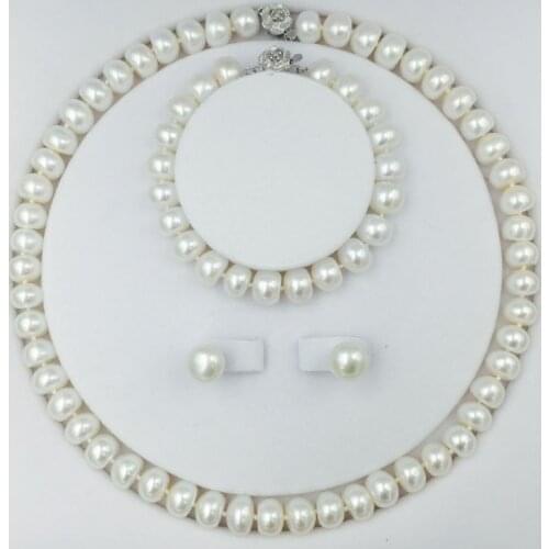 Classical freshwater pearls bead jewelry Set with 18inch necklace earring bracelet 9-11mm pearls chokers sterling silver lock