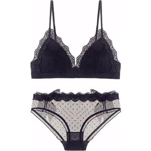 Sexy Wireless Bra Set Thin Bra Lace Deep V Triangle Cup Brassiere Underwear Women Bow-knot Dot Panties See Through Lingerie