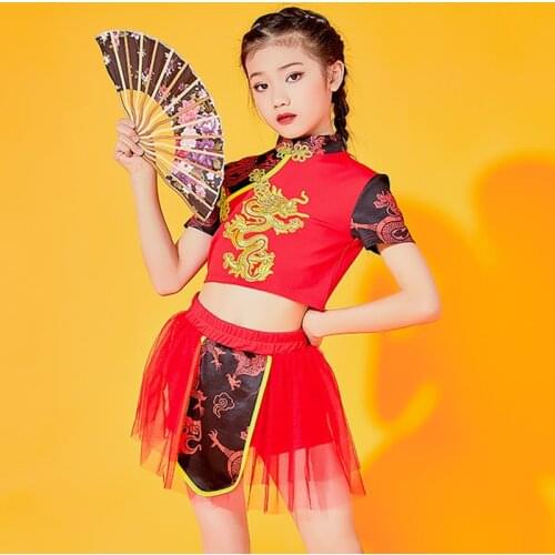 Summer Chinese Style Jazz Costumes Kids Catwalk Hip Hop Performance Clothing Girls Stage Costume Red Dance Outfits Rave DNV14788