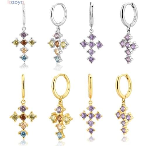 LOZOYA 925 Sterling Silver 2021 Rock Punk Trends European Gold Rainbow CZ Cross Pendiente Drop Round Earring Circle Earring