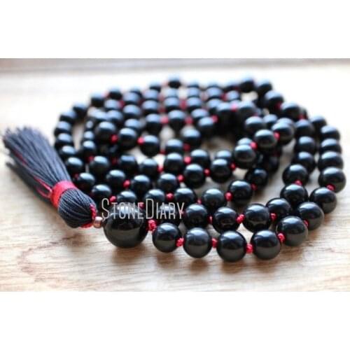 MN36771 Black Knotted Obsidian Mala Necklace 108 Beads With Tassel