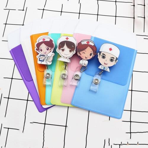 Cartoon Nurse Retractable Badge Reel with Pocket Pen Bags for Doctor Mens Name Cards Hospital Office Supplies