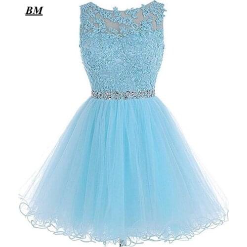 Newest Blue Short Homecoming Dresses 2019 Beading Tulle Graduation Cocktail Formal Prom Party Gown Vestido de Formatura BM73