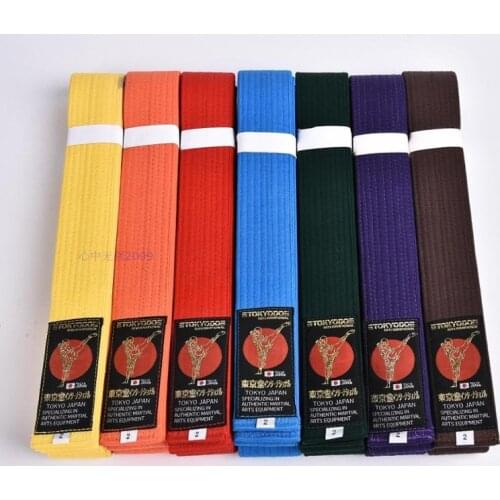 Tokyodo karate colorful belts red yellow blue orange green purple white belts embroidered name and words Katate training belts
