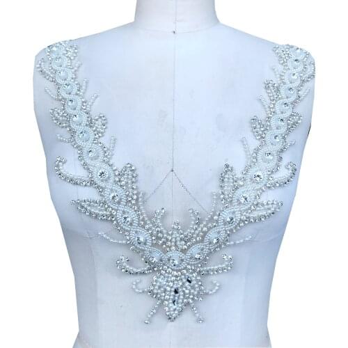 Handmade rhinestones and pearl applique silver crystal ivory pearl trim patches for dress accessory