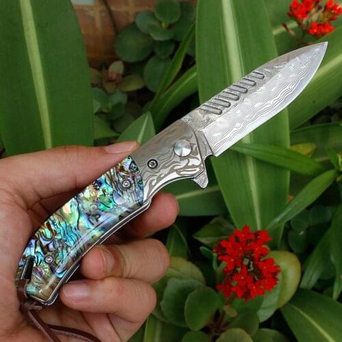Damascus Shell Wooden Handle Folding Knife Steel 5Cr13Mov Folder Steel Smooth Flip EDC Outdoor Camping Pocket Knife With Leather