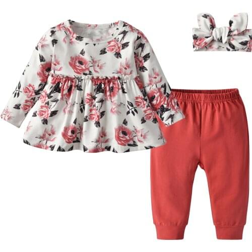 Vintage Baby Girl Clothes Set 3pcs/set Fall Outfits Long-sleeved Floral Top+Pants+Headband Leisure Baby Toddler Clothing Sets