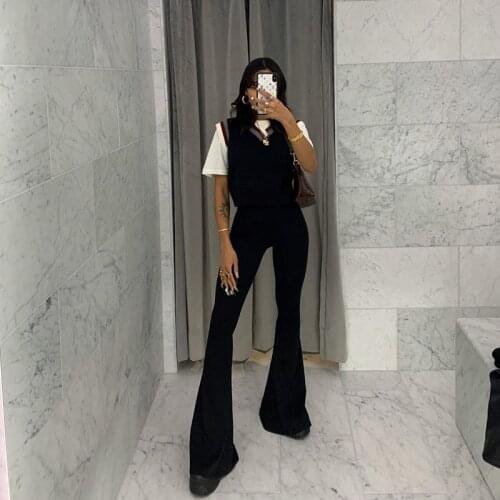 Wsevypo Women Black Flare Pants Casual High Waist Stretch Skinny Bell-Bottoms Trousers Party Streetwear Lady Slim Long Pants