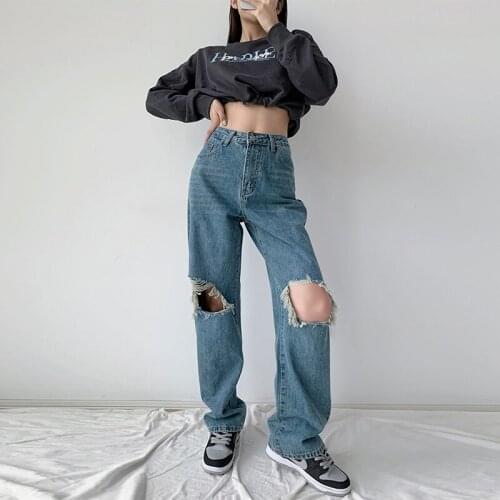 Womens pants Ripped Jeans Women High waist Mom Baggy Jeans Straight Wide Leg Pants Fashion Casual Loose Trousers For Female
