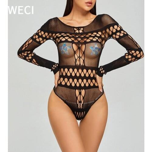 WECI Sexy Full Body Stocking Lace Woman Long Sleeve Sexiest Lingerie Second Skin Thong Bodysuit Teddies Romper Pajamas For Women