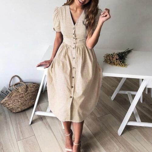 Spring/Summer New Short Sleeve Solid Puff Sleeve Straight Woman Dress V-Neck Single Breasted Knitting Dress for Women Donsignet