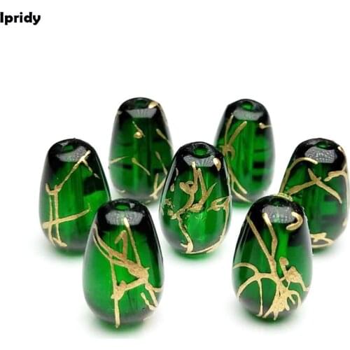 Ipridy Golden line effect Green Color Spray Painted Teardrop Glass Beads, 8*13mm Hole: 1.5mm fit Stud earring Jewelry Making