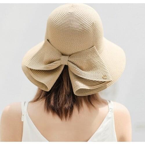 2021 Women Straw hat with bow Wide Brim Floppy Summer Hats Handmade Panama soft Cap for female shade cap fashion sun anti-UV