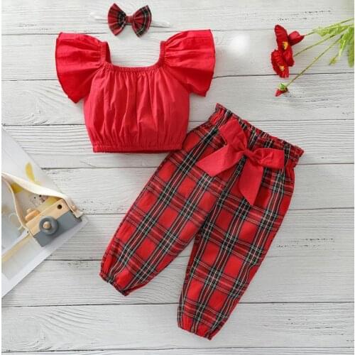 3 Pieces Xmas Baby Suit Set Solid Color U-Neck Short Sleeve shirt Tops Plaid Long Pants Headband Red Babys Sets for Girls