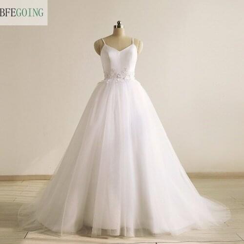 White Satin Sweetheart Spaghetti Straps A-Line Wedding Dress Court Train Sleeveless Appliques Real Original Photos Custom made